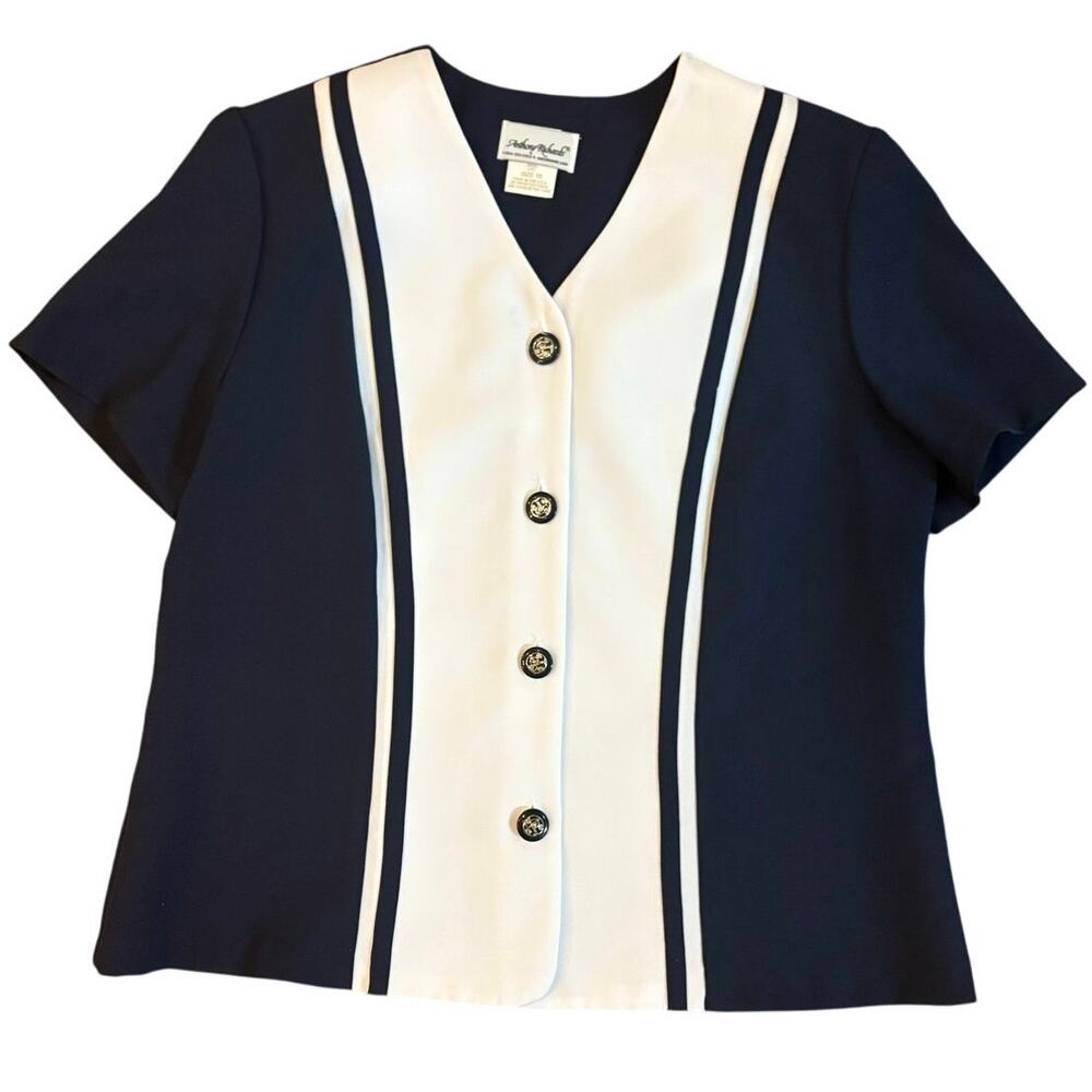 Anthony Richards Women's Size 18 Navy White Button Front‎ Nautical Top Vintage